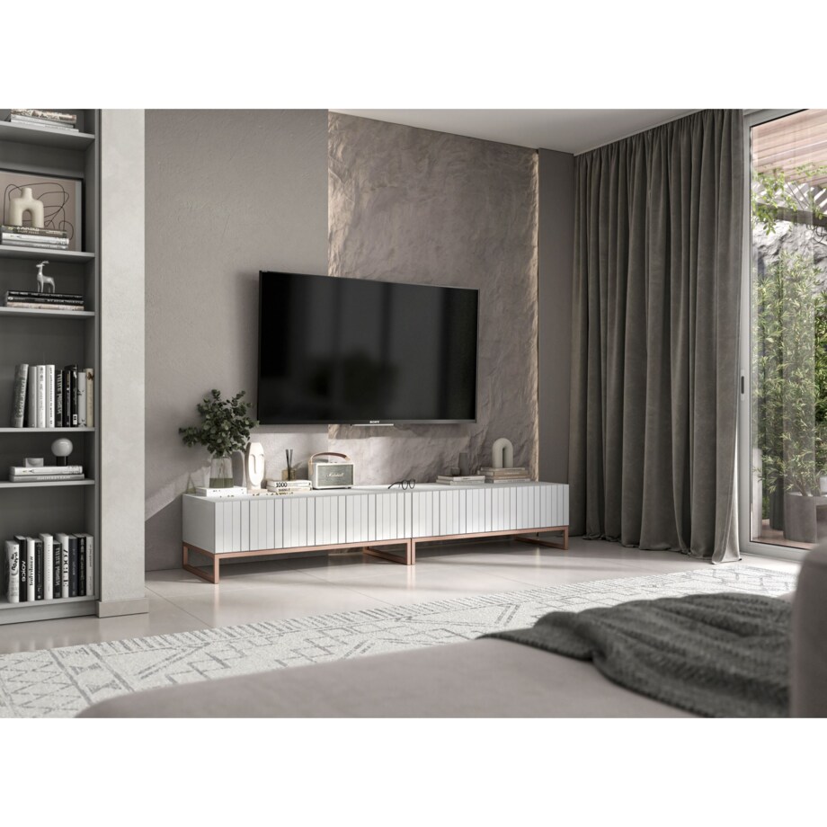 Nowoczesna Szafka RTV Glamour Komoda RTV Ryflowane fronty Biały Mat 220 cm