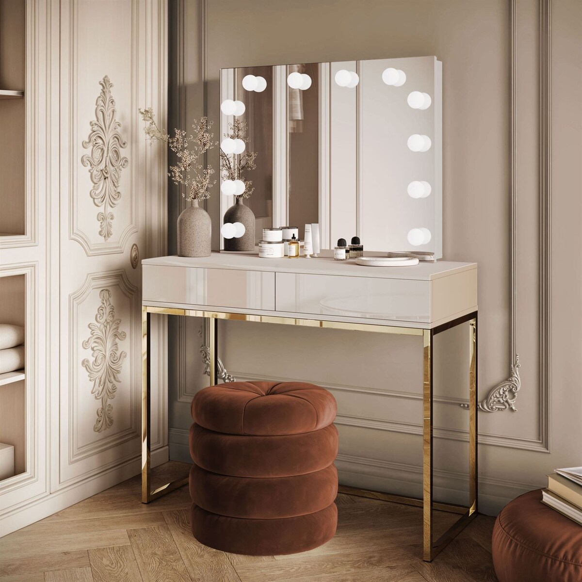 Toaletka kosmetyczna BLANCO KASZMIR ELITE z lustrem i oświetleniem złoty chrom, push-to-open