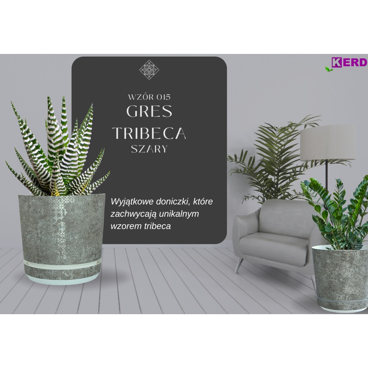 32 cm wzór Szary gres TRIBECA 013 Doniczka z podstawką matowa duża szeroka donica z połyskującym srebrnym wzorem