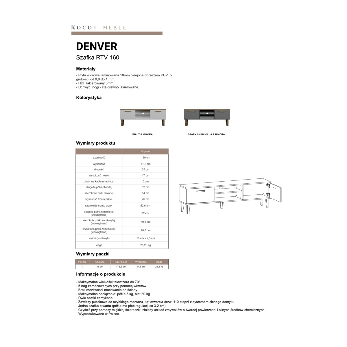 Szafka RTV Denver 160 szary chinchilla & hikora