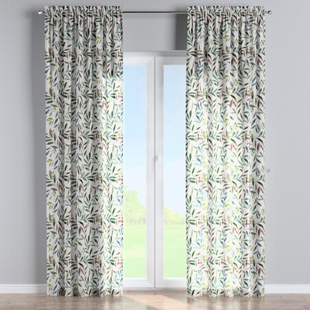 Zasłona na kanale z grzywką 1 szt. 130x245 zielone gałązki na białym tle
