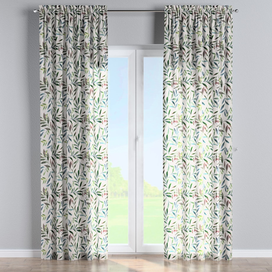 Zasłona na kanale z grzywką 1 szt. 130x245 zielone gałązki na białym tle