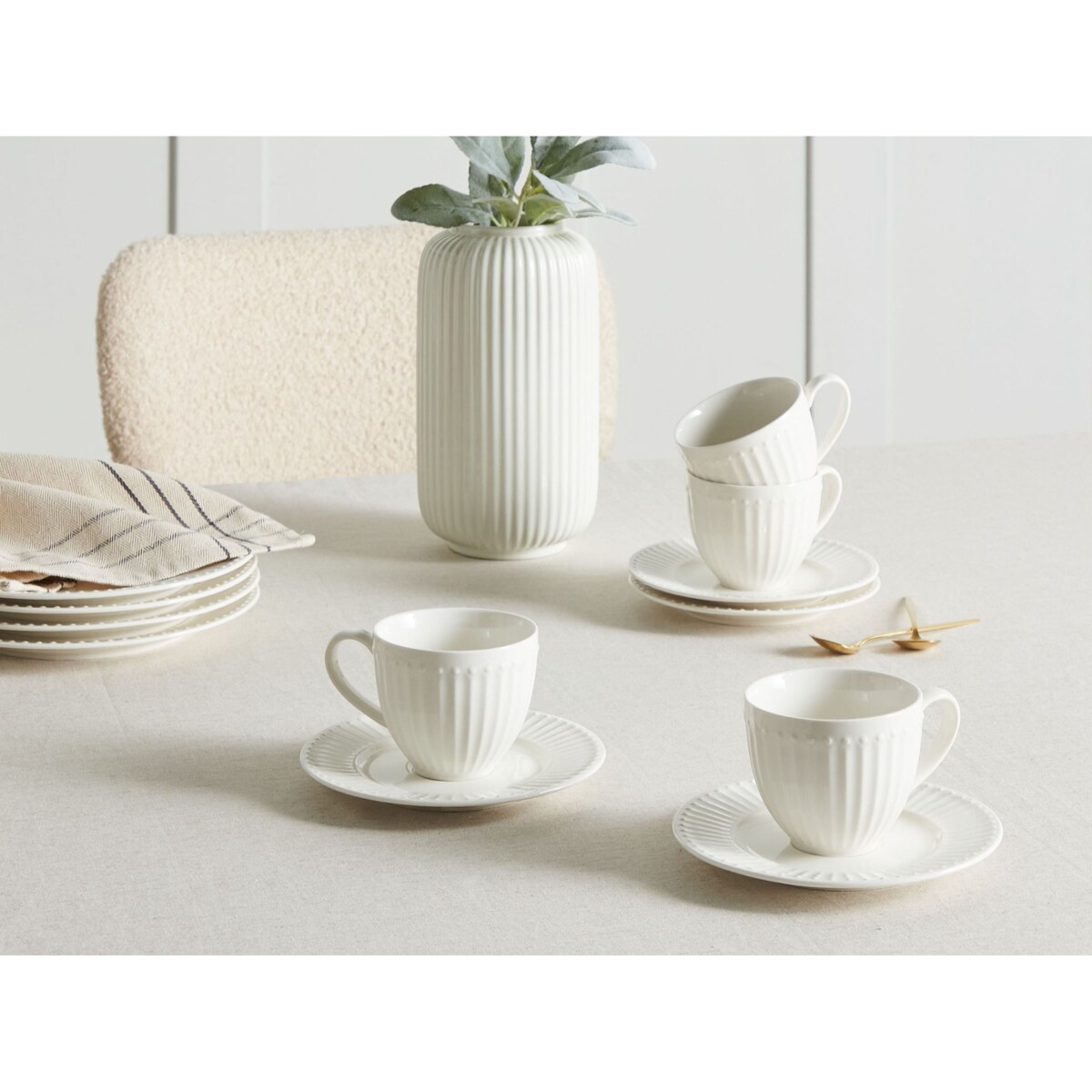 Zestaw 4 filiżanek ze spodkami COWSLIP Porcelana Biały