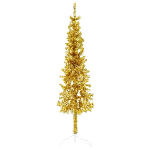 vidaXL Smukła choinka połówka ze stojakiem, sztuczna, złota, 150 cm