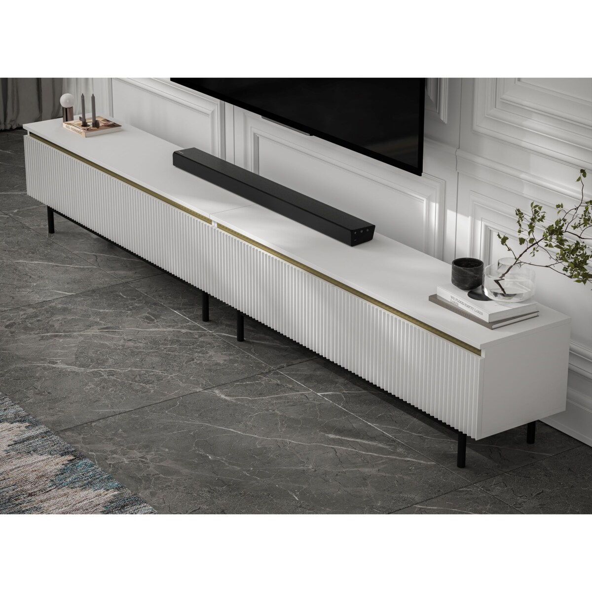 Nowoczesna Szafka RTV Glamour Komoda RTV Biały Mat 280 cm czarne akcenty