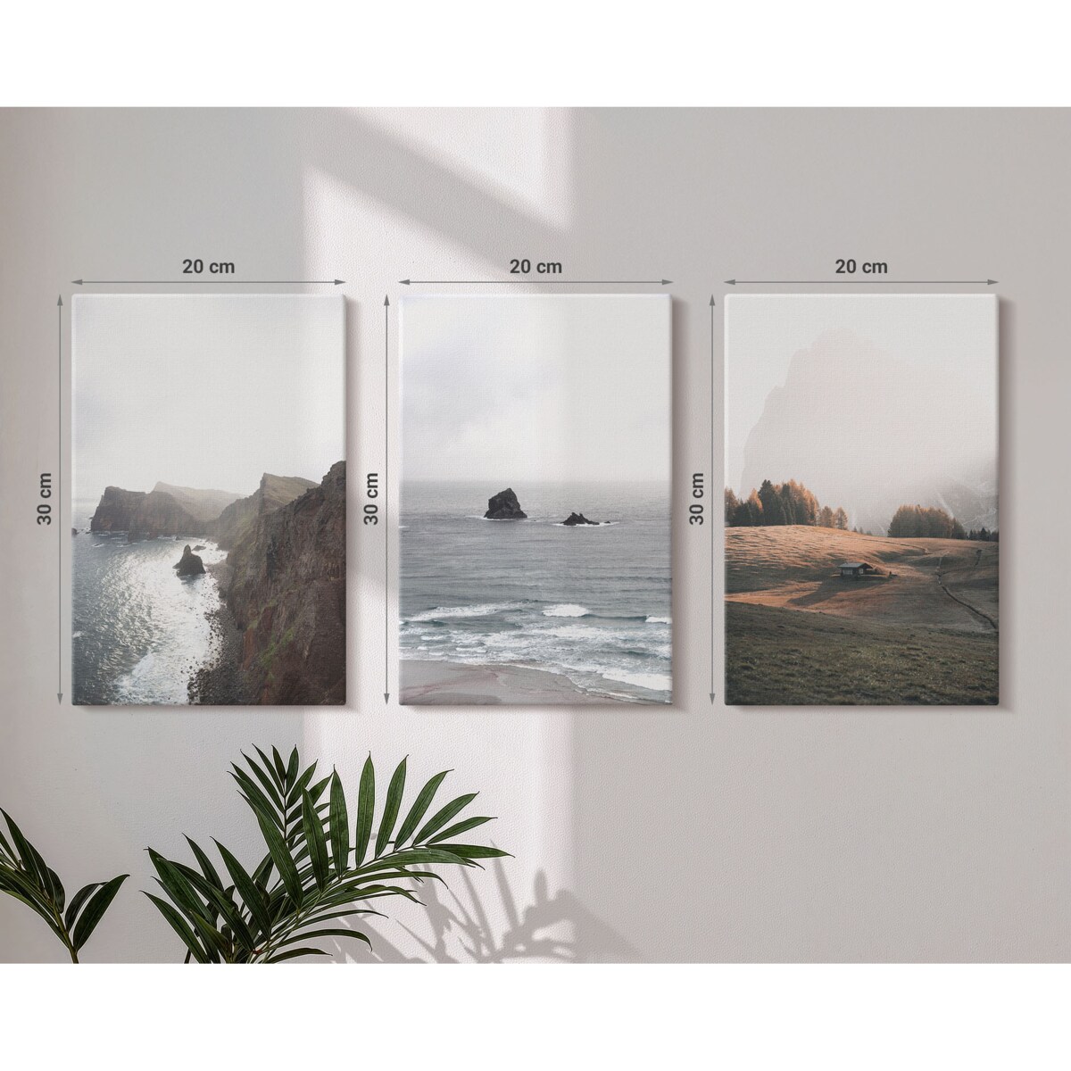 Zestaw 3 małych obrazów na płótnie - Krajobrazy gór i morza - szary