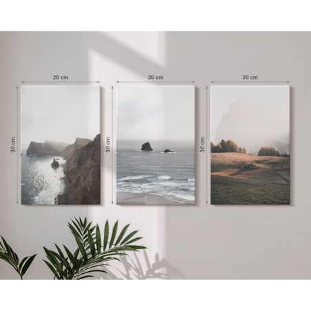 Zestaw 3 małych obrazów na płótnie - Krajobrazy gór i morza - szary
