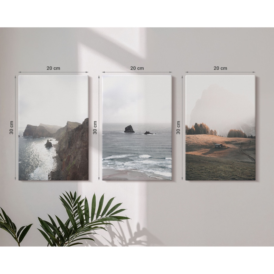 Zestaw 3 małych obrazów na płótnie - Krajobrazy gór i morza - szary