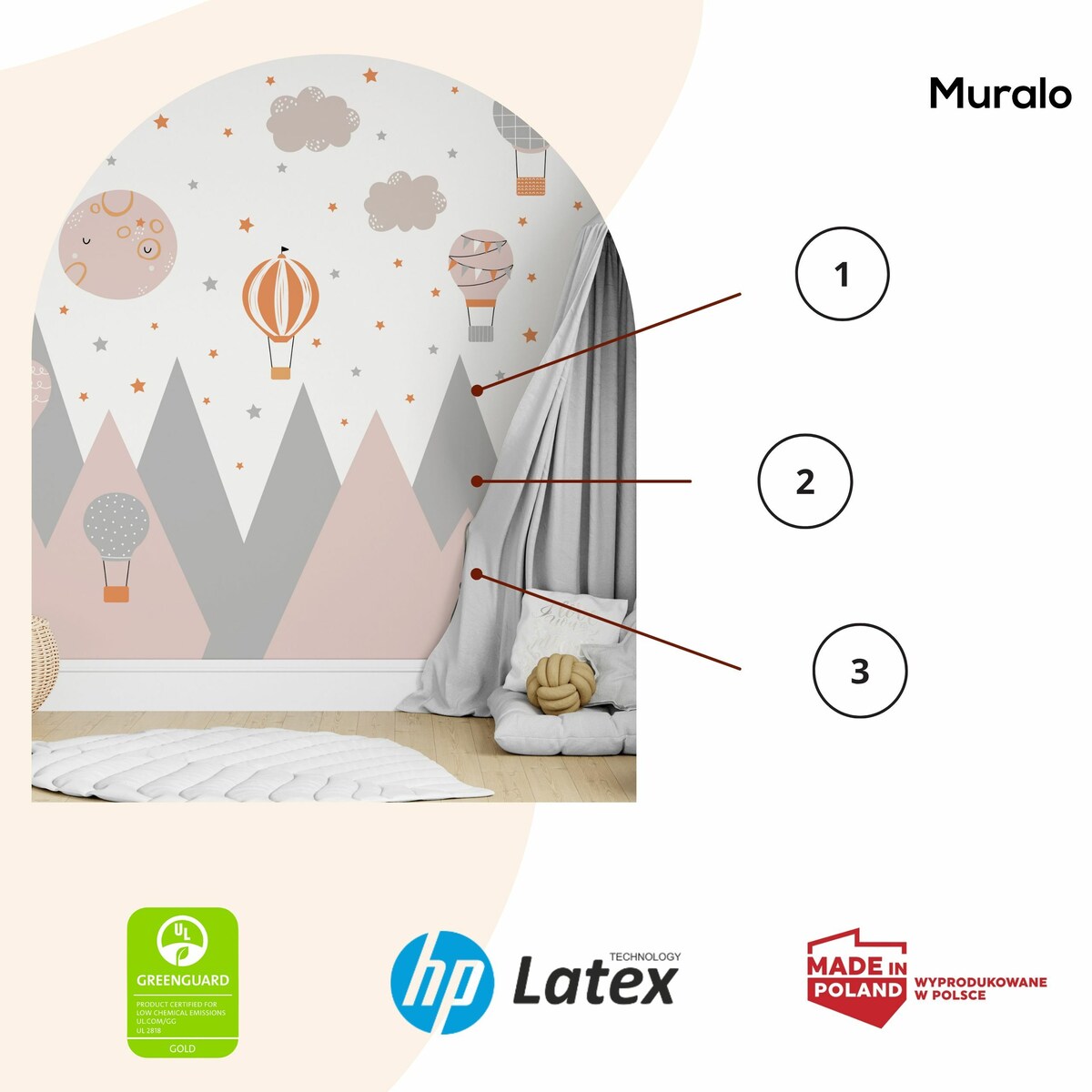 ZESTAW NAKLEJEK DLA DZIECI NA ŚCIANĘ RÓŻOWE GÓRY GWIAZDY CHMURKI