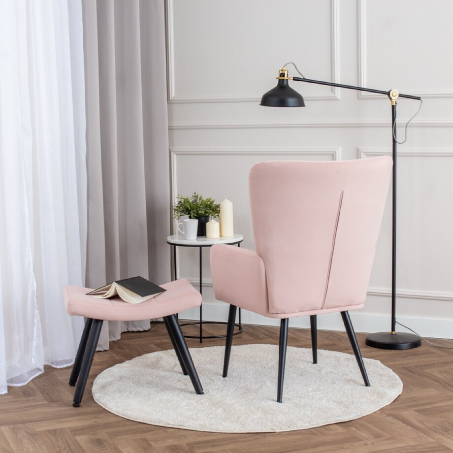 Fotel uszak z podnóżkiem do salonu wypoczynkowy welurowy tapicerowany różowy