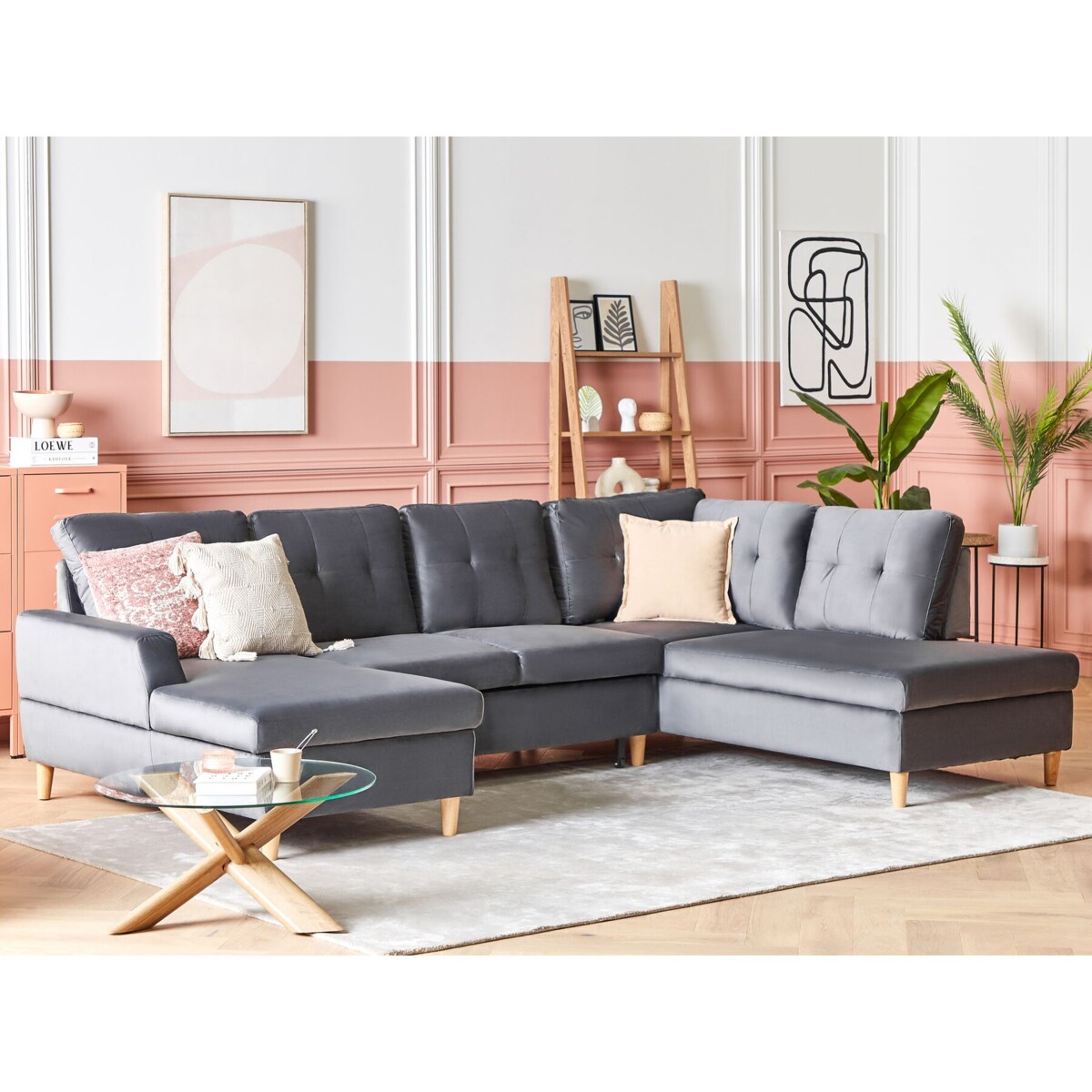 Narożnik rozkładany z pojemnikiem welurowy szary LERUM