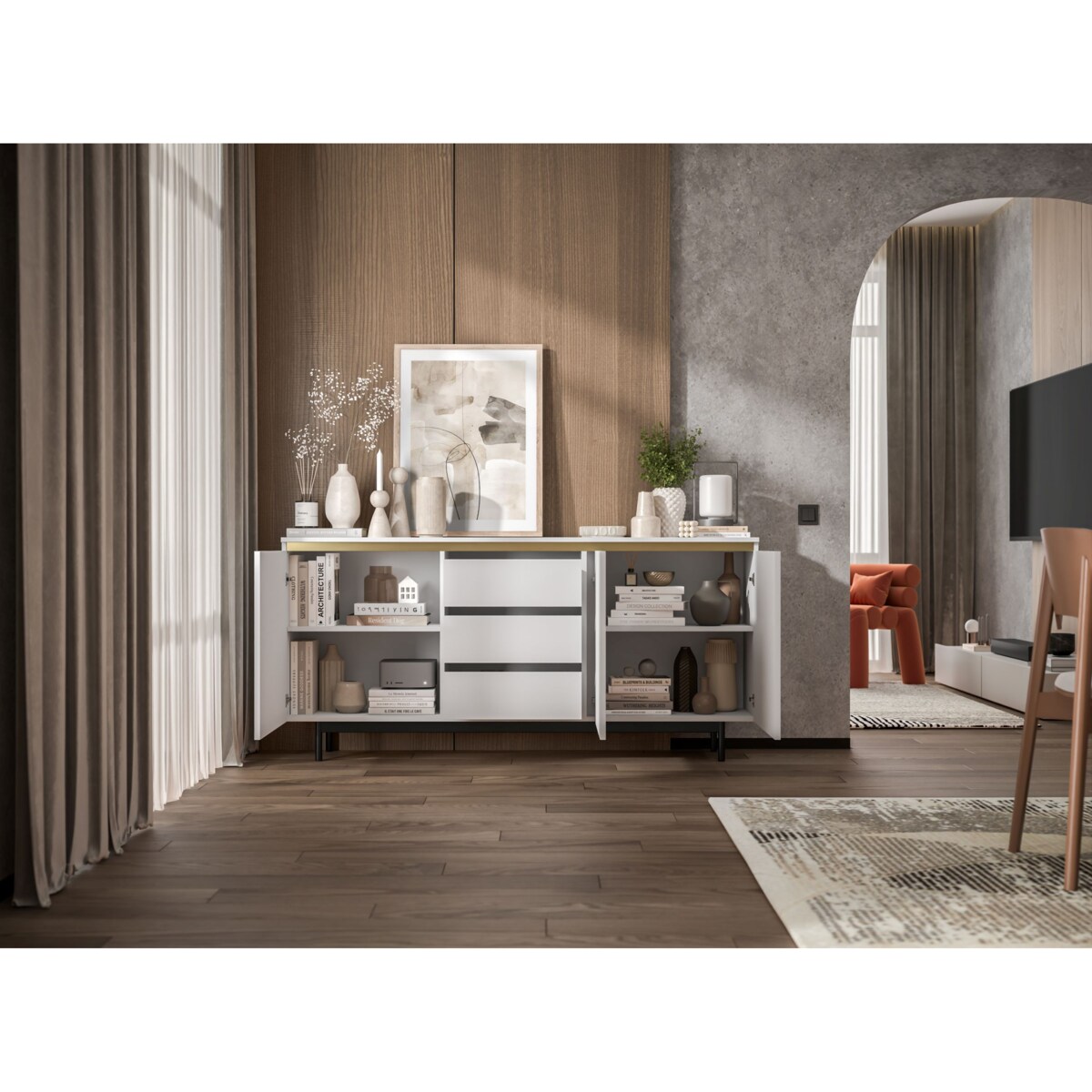 Komoda RTV Glamour 167 cm biała matowa ryflowane fronty czarna rama