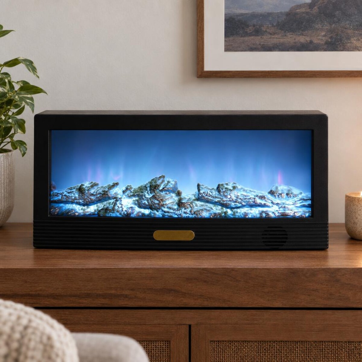 Kominek dekoracyjny z efektem płomieni i głośnikiem Bluetooth, 50 x 13 x 23 cm, na USB, kolor czarny