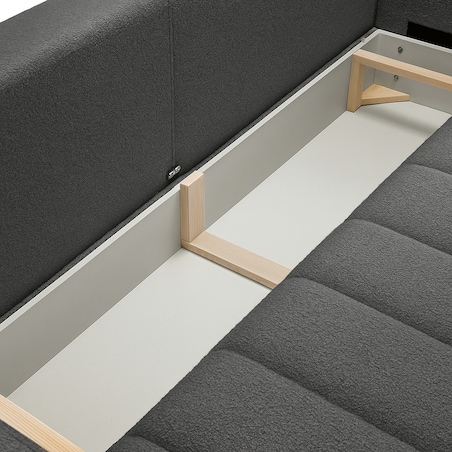 Sofa rozkładana ALOO obita tkaniną boucle z ozdobnymi poduszkami szara