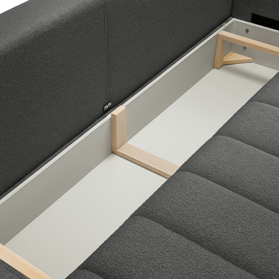 Sofa rozkładana ALOO obita tkaniną boucle z ozdobnymi poduszkami szara