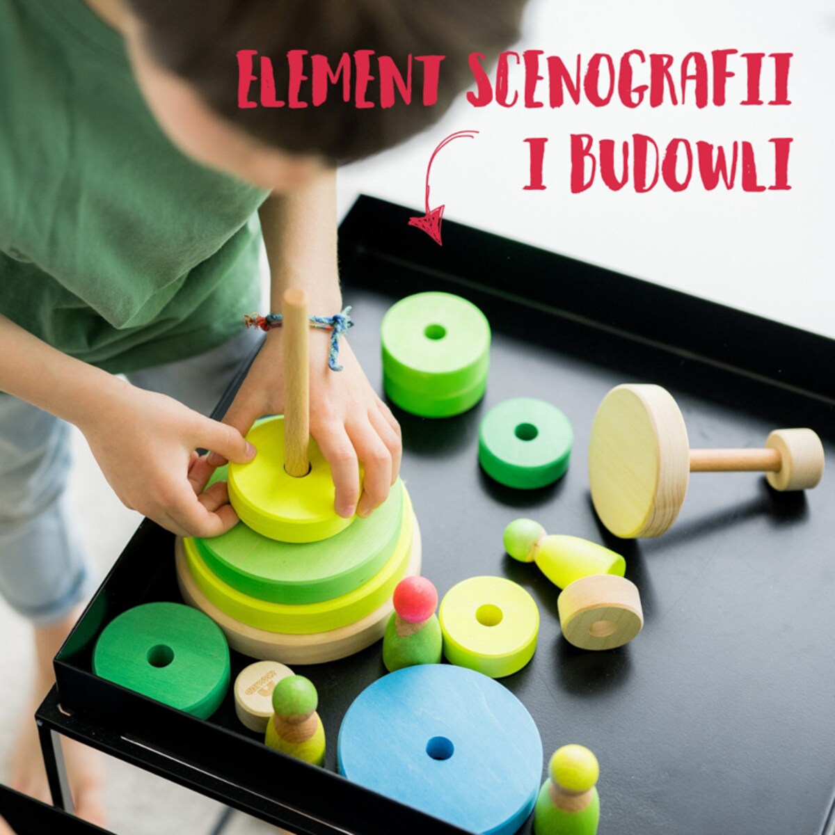 Wieża drewniana dla dzieci 10 krążków – klocki Grimm's Neon Green 1+