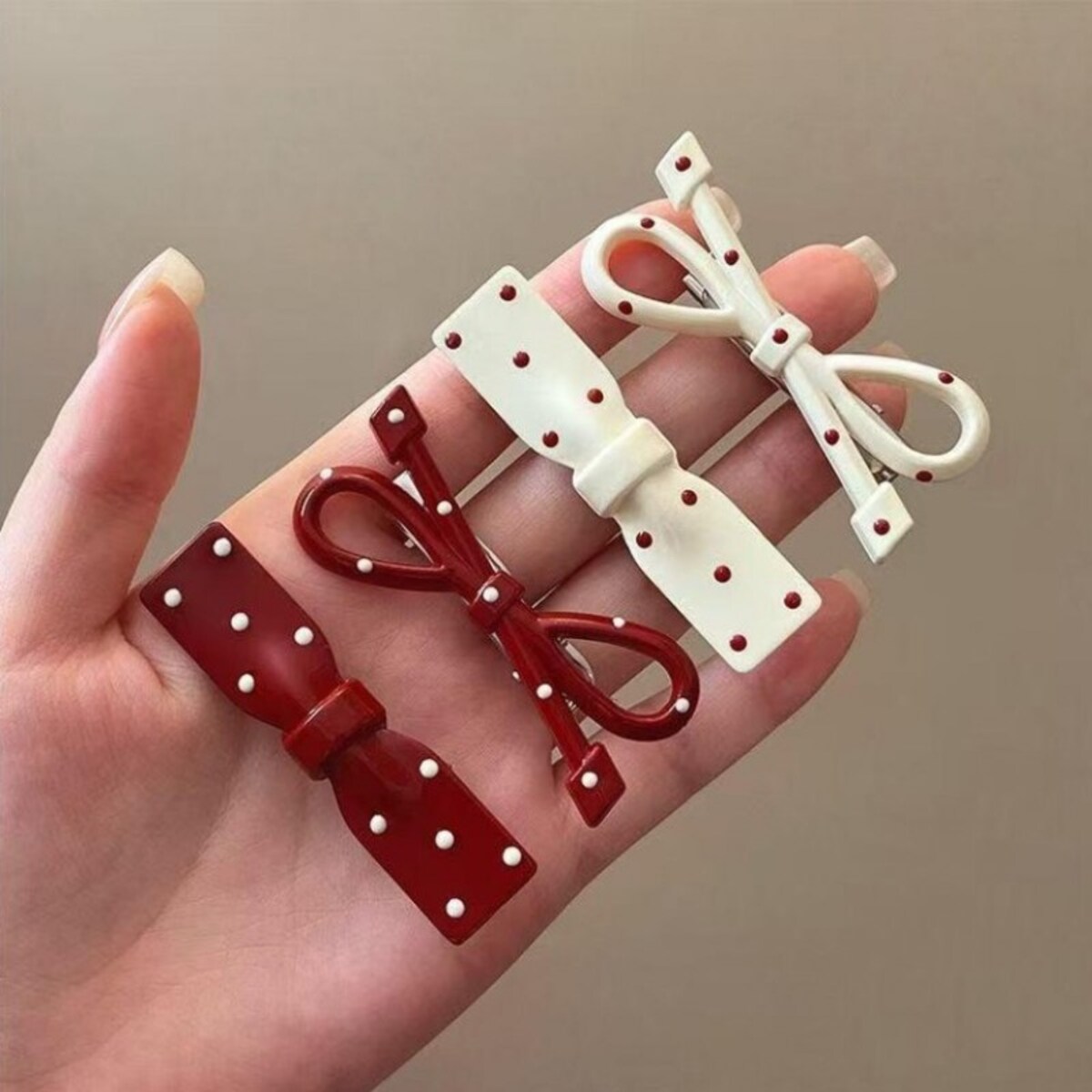 Zestaw pakiet 4w1 spinek wsuwek do włosów, KOKARDY czerwone białe kropki PINK SP452