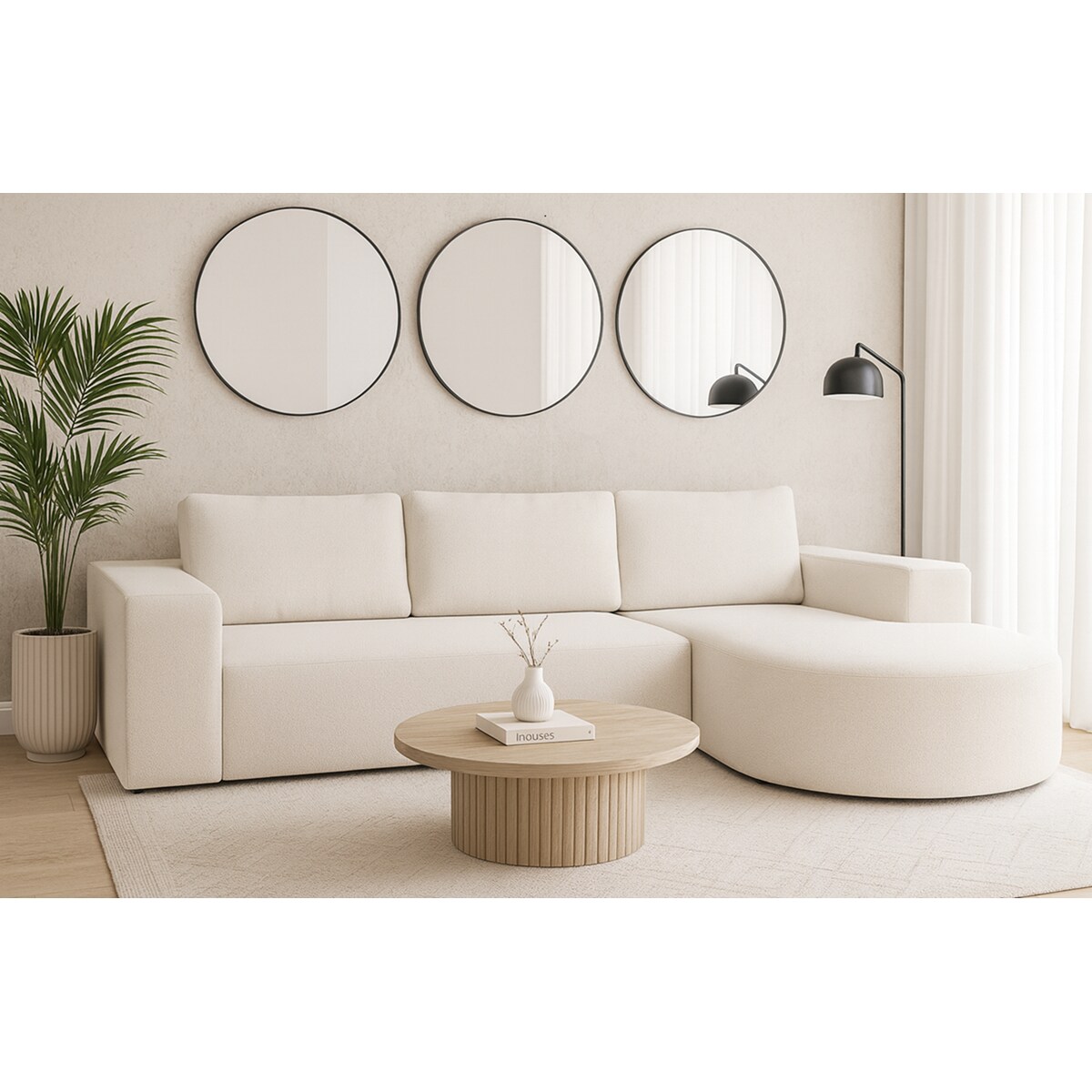 Narożnik Vello z funkcją spania do salonu,prawostronny- tkanina boucle-ecru