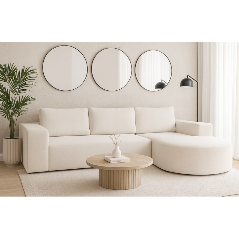 Narożnik Vello z funkcją spania do salonu,prawostronny- tkanina boucle-ecru