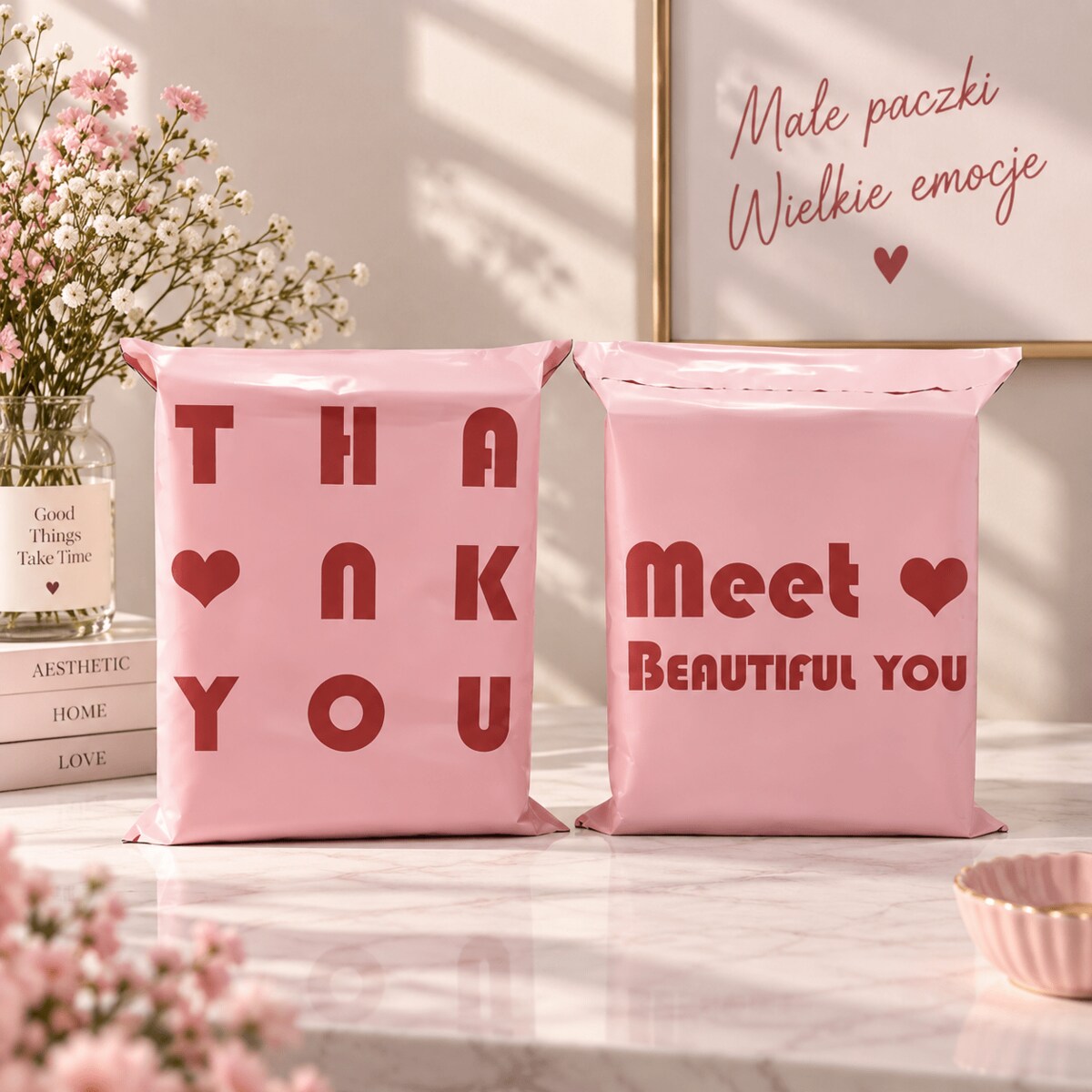 Zestaw 20 toreb kurierskich SHP HEART S różowe 30 × 17 cm