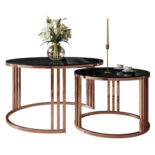 Stolik kawowy LORI 2w1 miedź czarne szkło