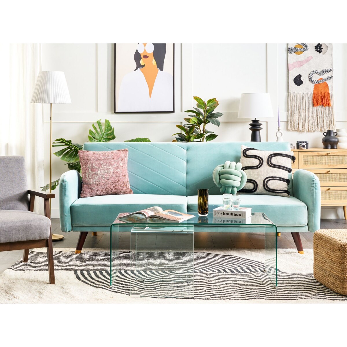 Sofa rozkładana welurowa jasnoniebieska SENJA