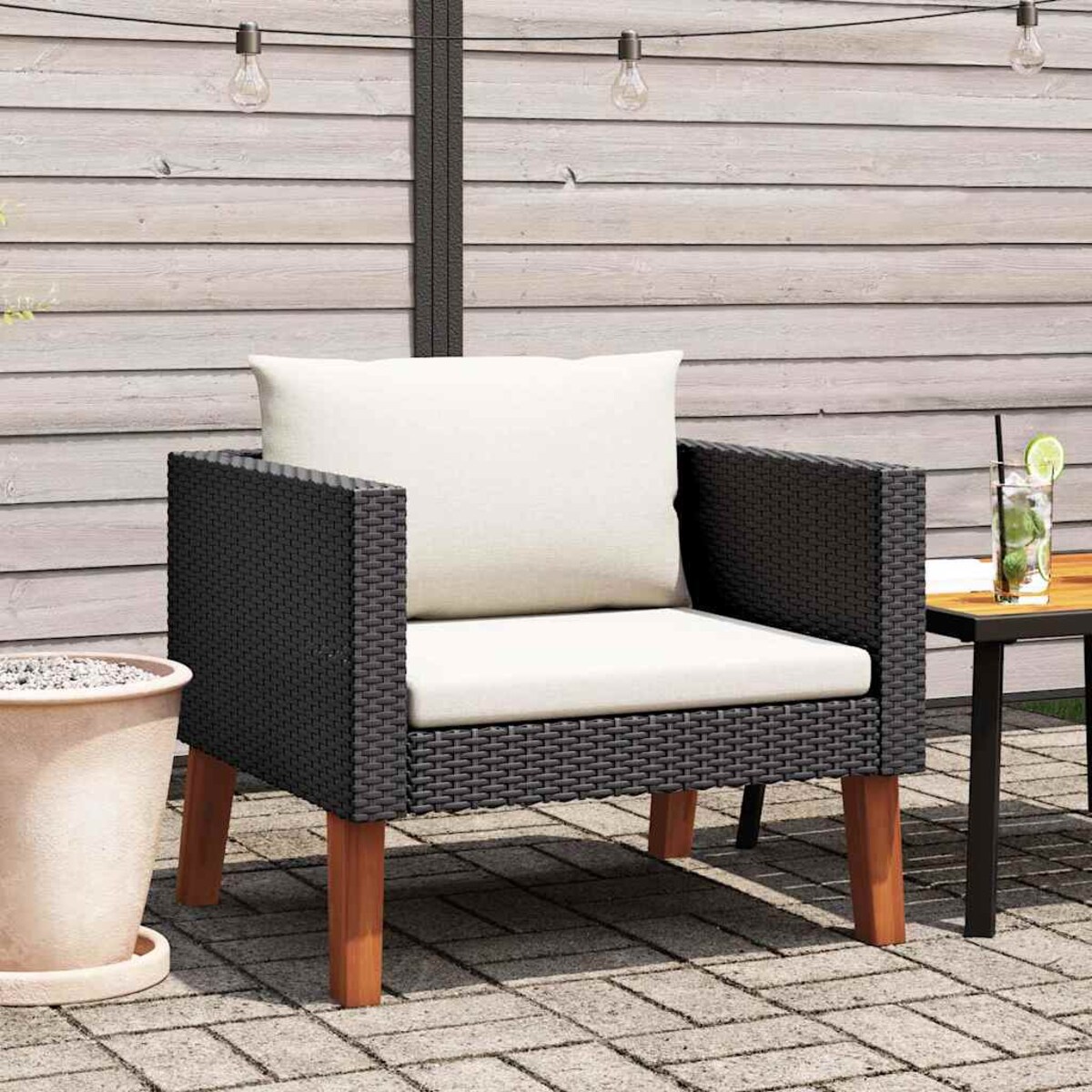 vidaXL Pojedyncza sofa ogrodowa z poduszkami, rattan PE, czarny