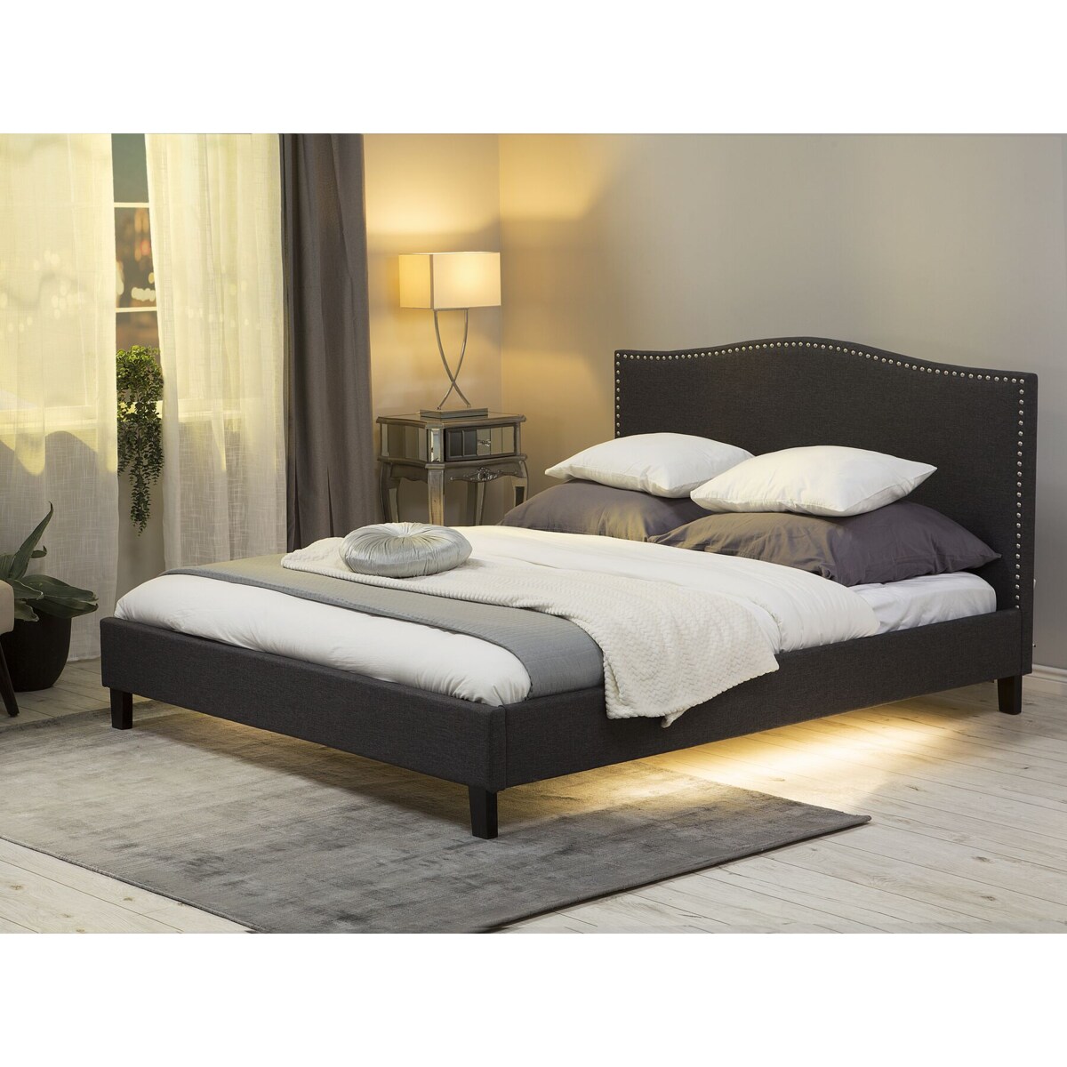 Łóżko biały LED tapicerowane 180 x 200 cm szare MONTPELLIER