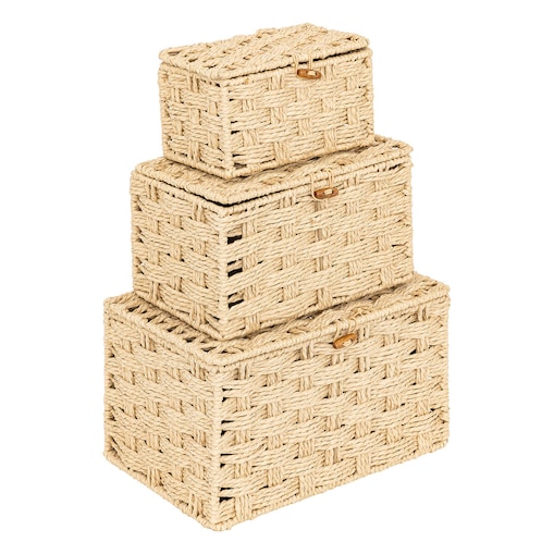 Pudełka do przechowywania plecione ELIO, 3 pojemniki różnej wielkości, kolor brązowy, papier