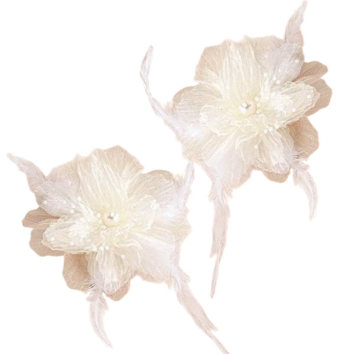 Duże śmietankowe kolczyki kwiaty organza pióra eleganckie kostiumowe 3D