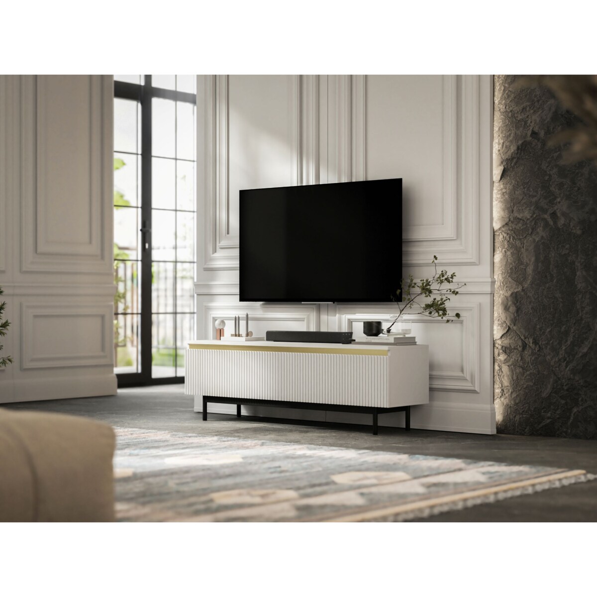 Nowoczesna Szafka RTV Komoda Glamour RTV Biały Mat rama w kolorze czarnym 140 cm