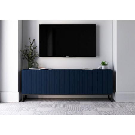 Szafka RTV Glamour Granatowy Mat Komoda RTV Loft Rama Czarna 150 cm Ryflowane fronty