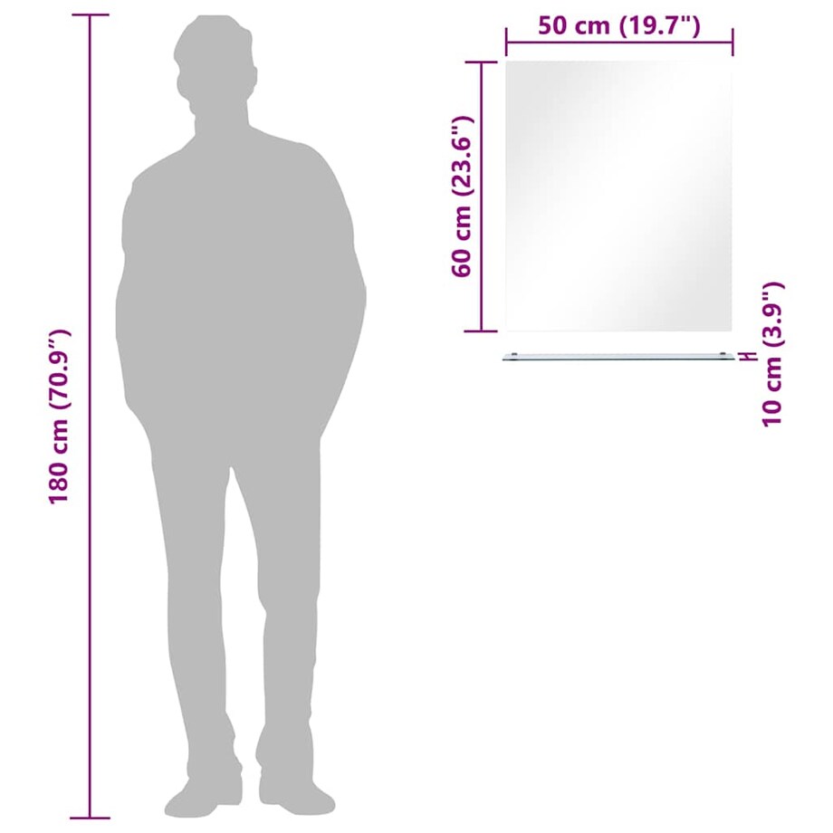 vidaXL Lustro ścienne z półką, 50x60 cm, hartowane szkło