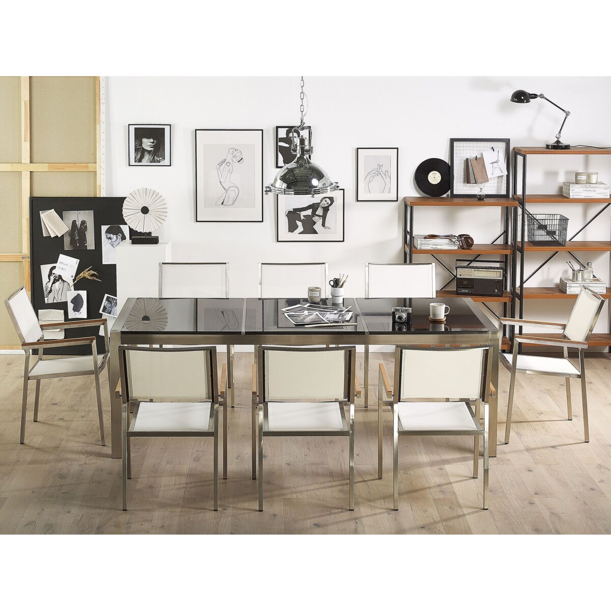 Zestaw ogrodowy stół granitowy dzielony blat czarny i 8 krzeseł białych GROSSETO