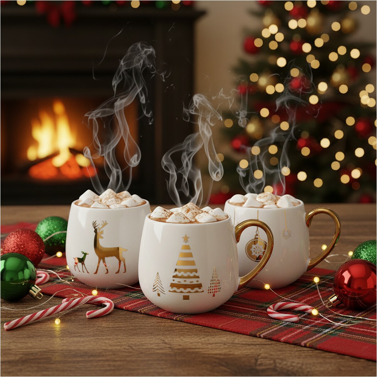 Kubek Z Uchem Świąteczny Porcelanowy Biało-Złoty 375 Ml Choinka