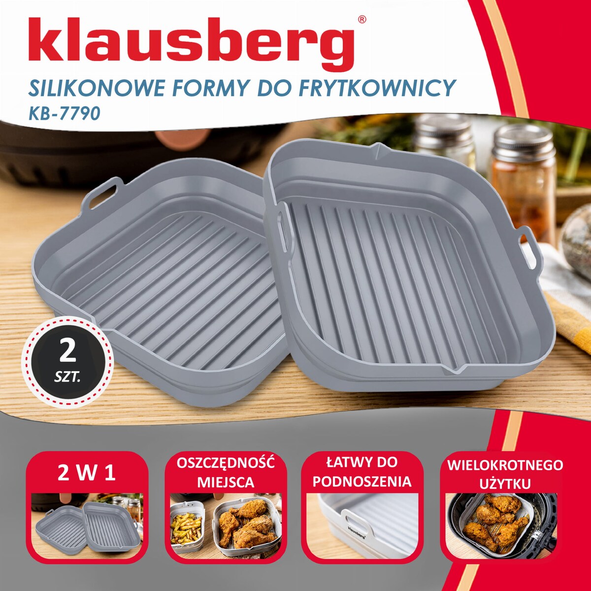 Zestaw wkładów silikonowych do frytkownicy beztłuszczowej 2 sztuki kwadratowy 20cm składany KLAUSBERG