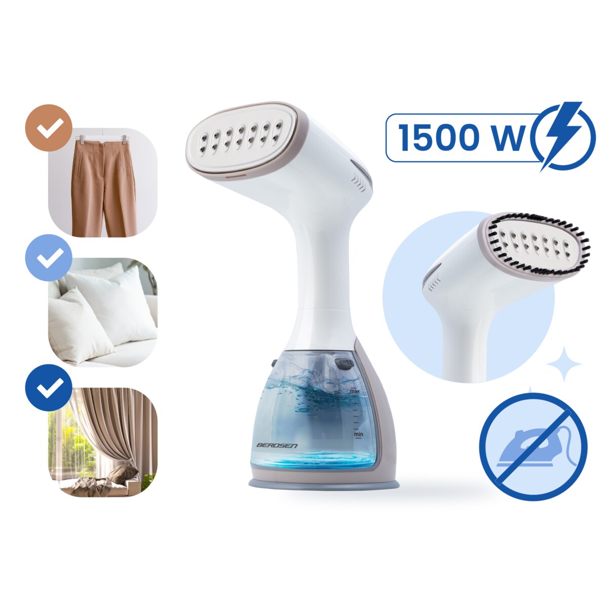 Parownica do ubrań Berdsen 1500W Steamer Żelazko parowe regulacja pary 32g/min