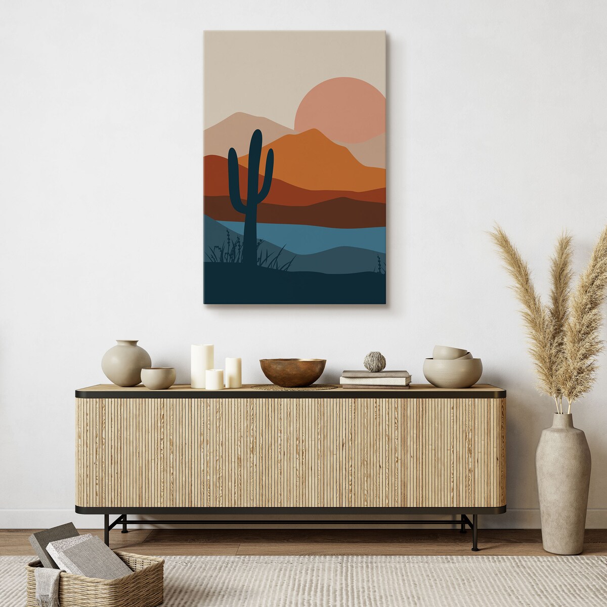 DUŻY OBRAZ DO SALONU AKWARELE PUSTYNIA GÓRY ZACHÓD KAKTUSY 80x120cm