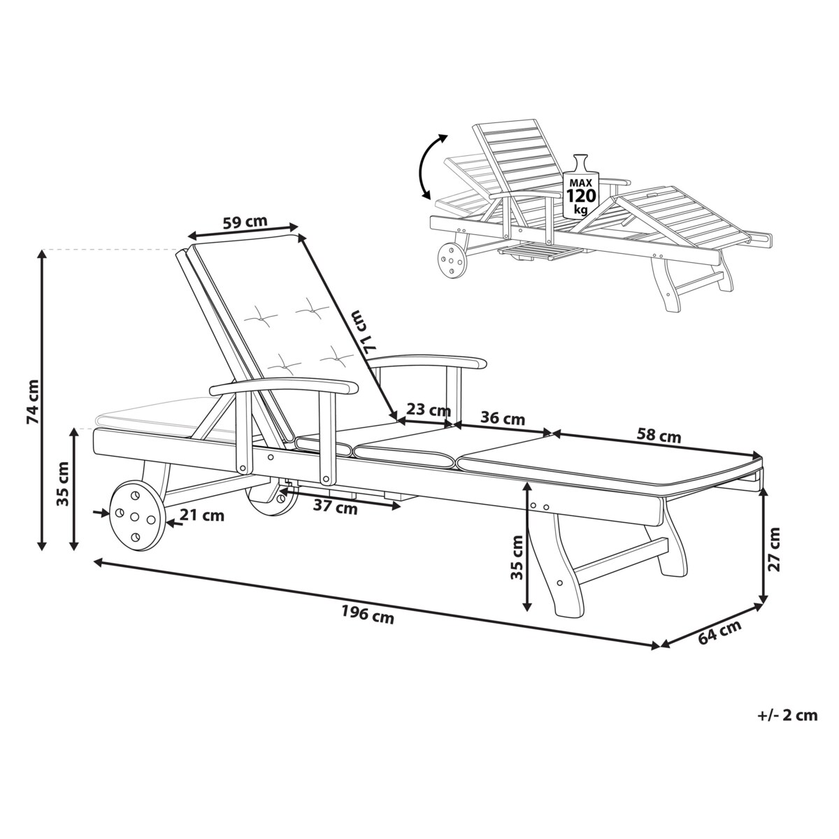 Leżak ogrodowy z poduszką JAVA Rozkładany Drewno akacjowe Ciemnoniebieski