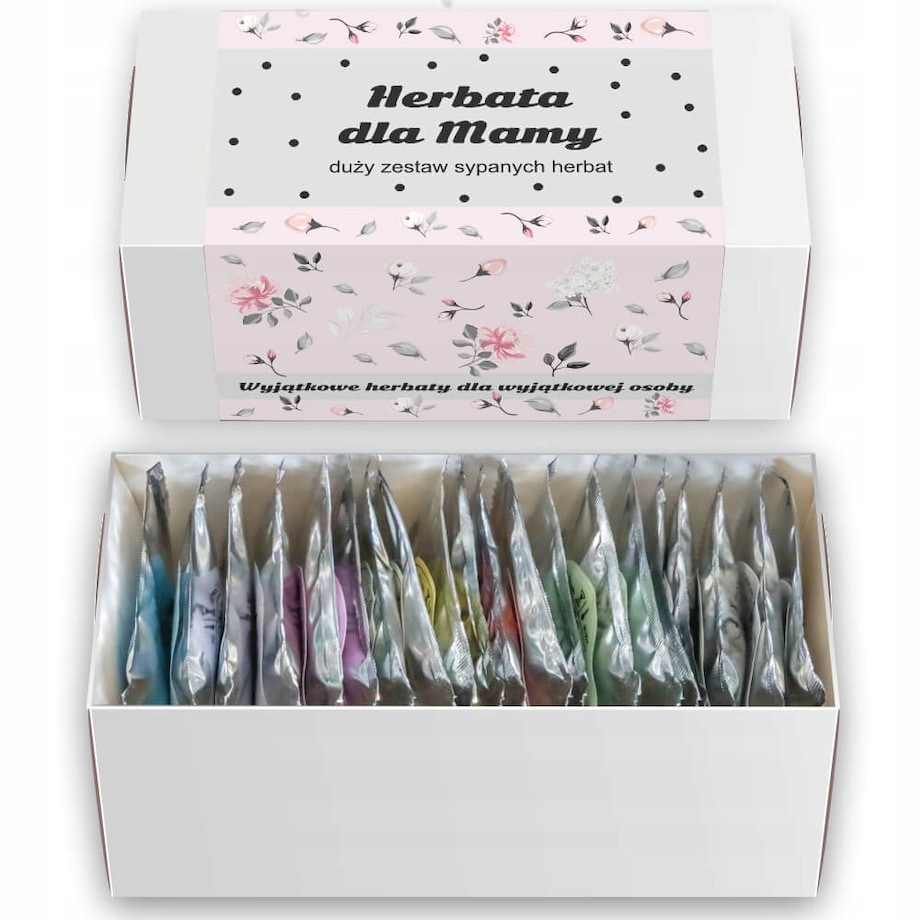 ZESTAW PREZENTOWY UPOMINKOWY BOX NA DZIEŃ MATKI URODZINY DLA MAMY TEŚCIOWEJ - MIX 20 RÓŻNYCH HERBAT SYPANYCH LIŚCIASTYCH