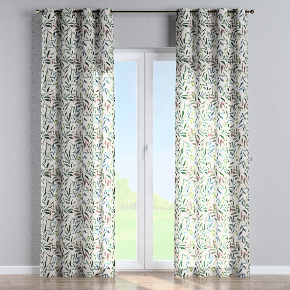 Zasłona na kółkach 1 szt. 130x245 zielone gałązki na białym tle