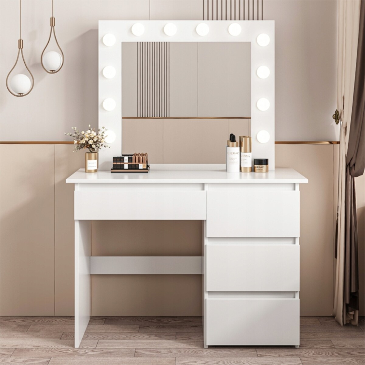 Toaletka kosmetyczna 90 cm z lustrem LED biała nowoczesna loft