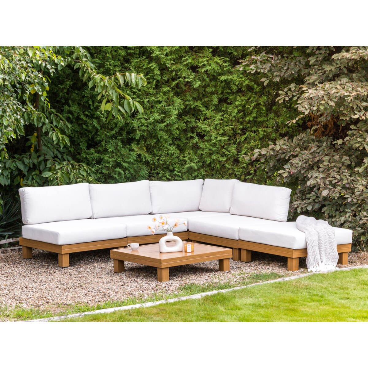 Narożnik ogrodowy ze stolikiem dla 5 osób SANZA Lewostronny Modułowy Metal Biały