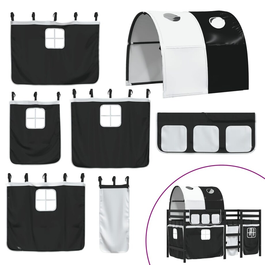 vidaXL Dziecięce łóżko na antresoli, z tunelem, biało-czarne, 90x200cm