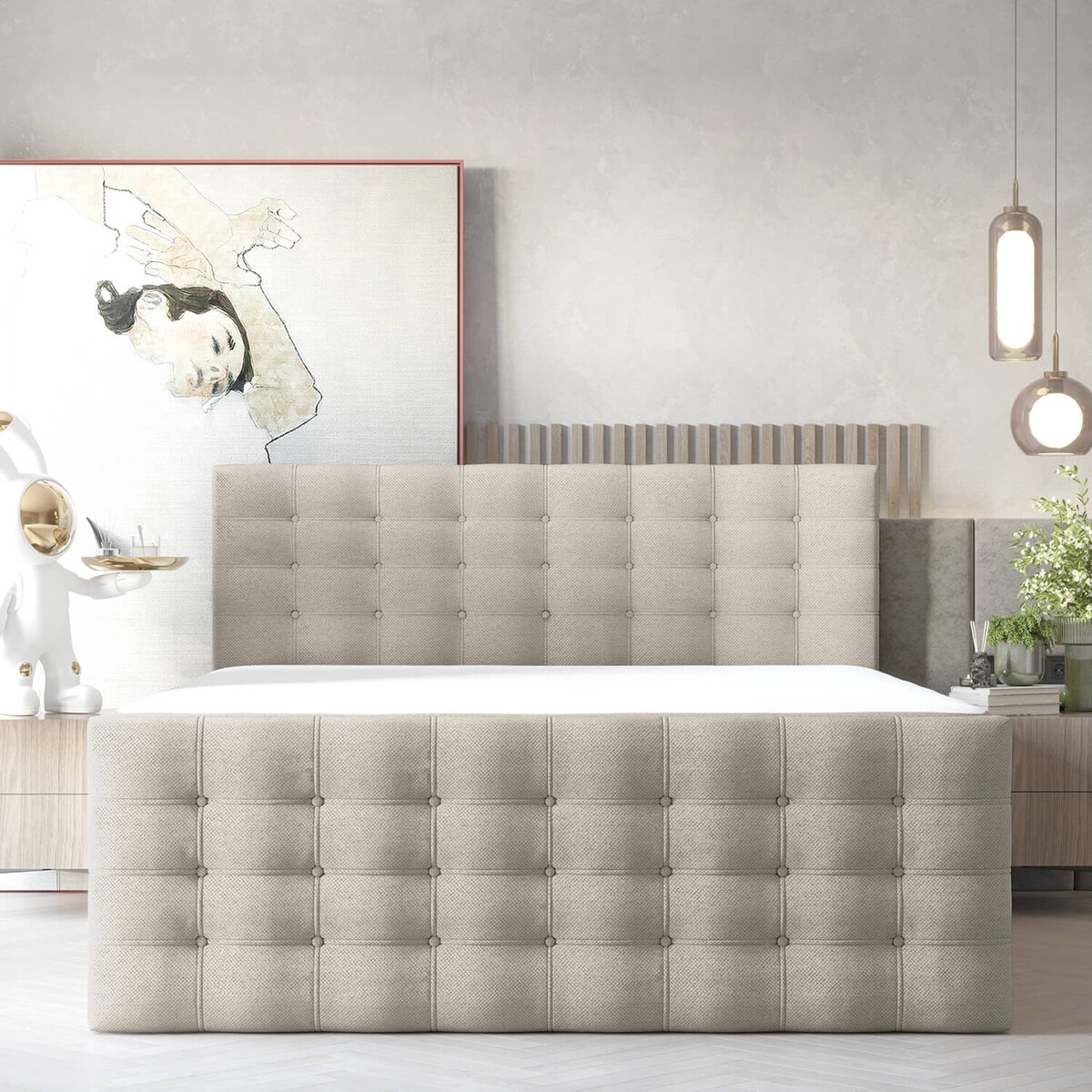 Łóżko kontynentalne STATE 120x200 z pojemnikiem, Jasny Beż, tkanina Megan 353