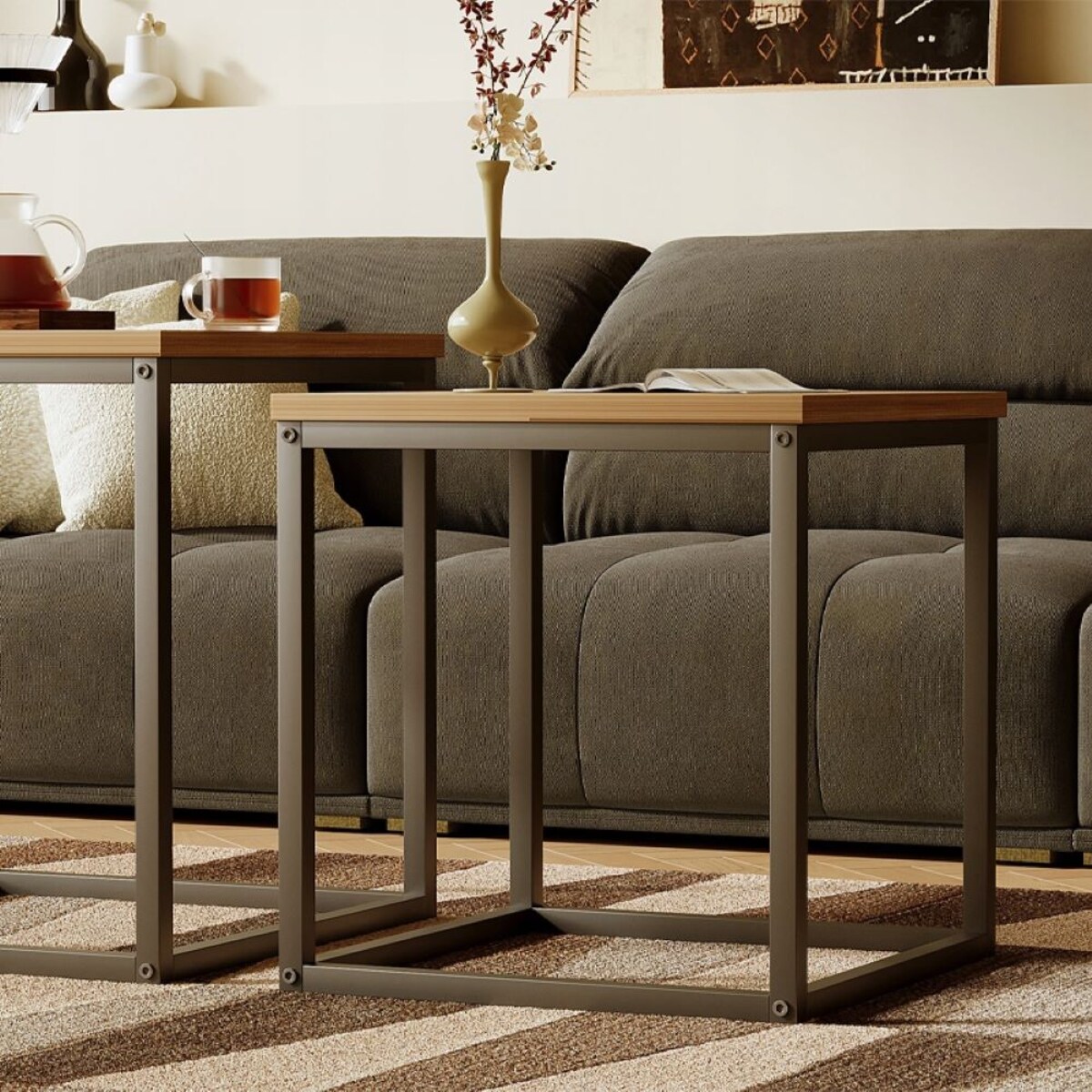 Stoliki kawowe 2w1 loft jasny brąz 50 cm czarny stelaż zestaw 2 sztuki