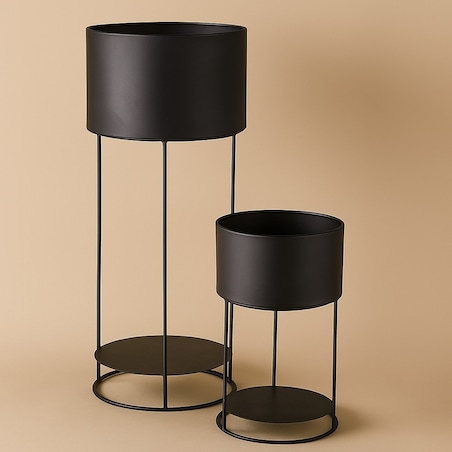 Kwietnik metalowy loftowy z 2 osłonkami 56,5/34,5x25,5/20x25,5/20 cm NARDO-3 czarny