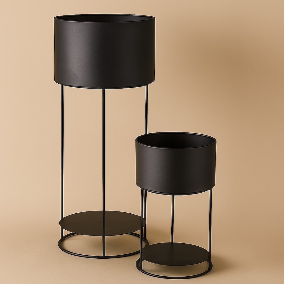 Kwietnik metalowy loftowy z 2 osłonkami 56,5/34,5x25,5/20x25,5/20 cm NARDO-3 czarny
