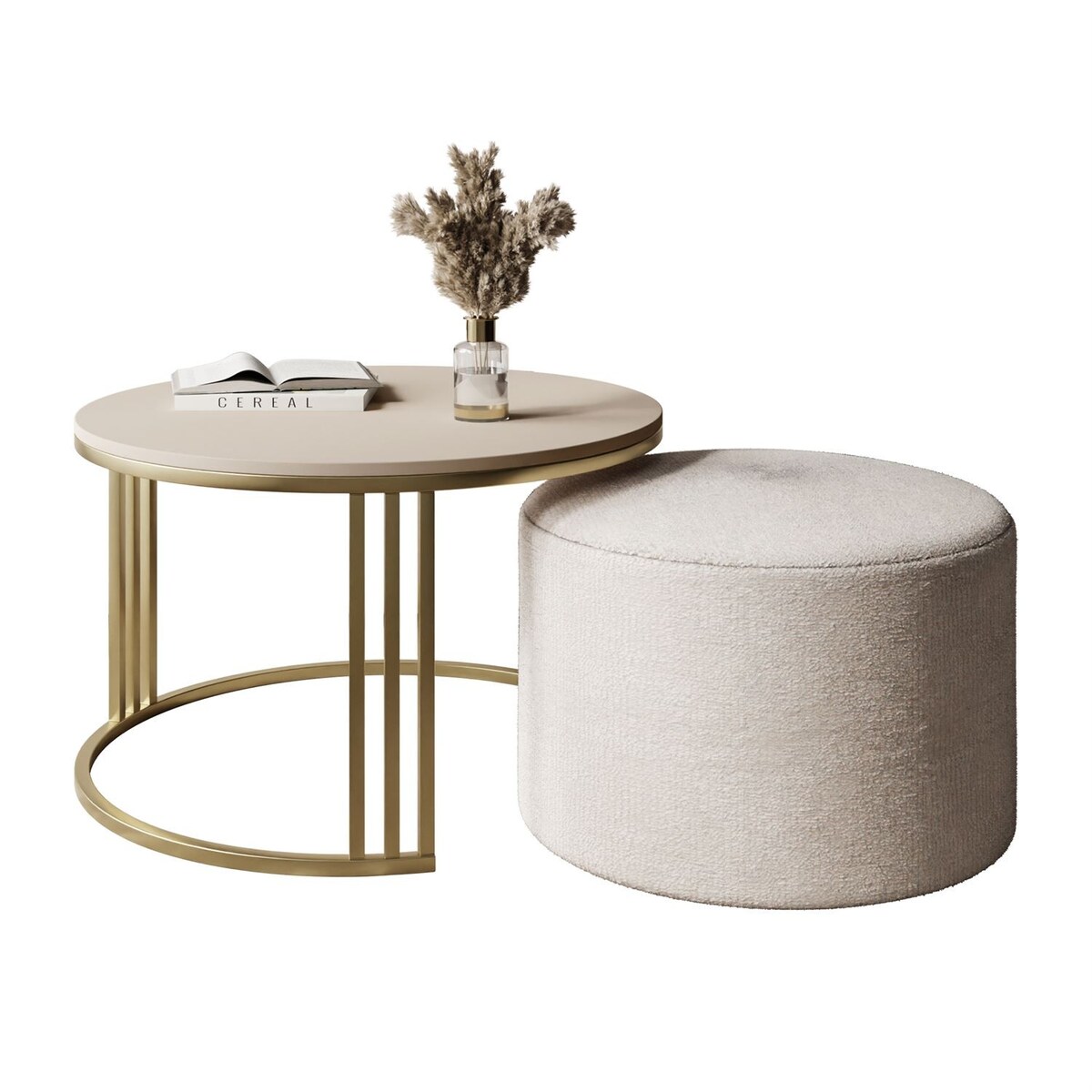 Stolik kawowy z pufą LORI MAT złoto szczotkowane, kaszmir mat / Perfect Harmony 01