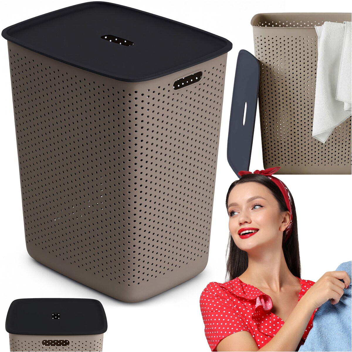 Kosz Na Pranie Bieliznę Wolnostojący Łazienkowy 60 L Duży Brązowy